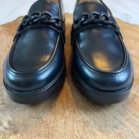Marc Fisher Black Leather Loafers Lug with Chain Detail Slip On Festival - Picture 5 of 15
